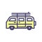 Summer van vehicle with surf boards icon. Vector thin outline icon for beach,