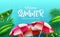 Summer vector background design. Welcome summer typography text in jungle with plant leaves and umbrella elements for tropical.