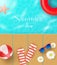 Summer vector banner design concept of 3d beach wood with summer elements and balloons in blue sea background. Vector