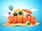 Summer vector banner design concept of 3d text in beach island