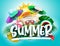 Summer vector banner design. Summer text with tropical season elements like coconut juice, umbrella, floater and beachball.