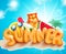 Summer vector concept design. Summer 3d text in island beach with fun and relax vacation elements like juice drinks.