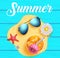 Summer vector concept design. Summer text with sunglasses, daisy flower and orange juice in sand heap with blue wooden texture