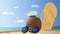 Summer vector illustration background print view beach coconut chill blue glasses umbrella coctail the sea clouds on the sky