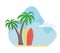 Summer vector illustration with palm trees and surfboards. Beach holiday