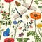 Summer vector seamless pattern. Botanical wallpaper. Plants, insects, flowers in vintage style. Butterflies, dragonflies