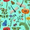 Summer vector seamless pattern. Botanical wallpaper. Plants, insects, flowers in vintage style. Butterflies, dragonflies