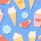 Summer vector seamless pattern with milkshake, ice cream cone, heart and flower icon