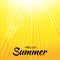 Summer vector yellow glow background with sun rays and bubbles. Sunlight orange backdrop. Lettering Hello Summer