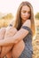 Summer vibe beautiful woman in the fields golden light