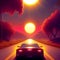 Summer vibes 80s style illustration with car driving into sunset. Synthwave car in the road, synth-wave cyberpunk city.