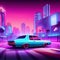 Summer vibes 80s style illustration with car driving into sunset. Synthwave car in the road, synth-wave cyberpunk city.