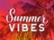 Summer vibes modern calligraphy lettering on bright background with sunset colors and silhouettes of palm trees. Inspirational