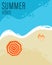 Summer vibes poster. Seaside top view. Sand and ocean with flip flops and umbrella, paradise landscape, vacation card with text,