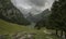 Summer view on the Bachalpsee, an alpine lake in Switserland. Surrounded by high steep mountains and forest