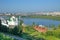 Summer view of the Church of Moscow Metropolitan Alexy in Nizhny Novgorod and the Oka river, Russia