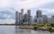 Summer view on Humber Bay Shores skyline from waters of lake Ontario with parks, walking trails, beaches before modern