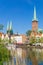 Summer view of Lubeck old town and Trave river, Germany