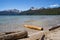 Summer view at Redfish Lake, located outside Stanley Idaho in the Sawtooth National Forest wilderness. Logs in foreground