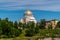 Summer views of St. Nicholas Sea Cathedral from the Summer garden in Kronstadt.