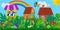 Summer village banner with farm animals houses sculptures