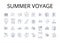 Summer voyage line icons collection. Beach excursion, Winter retreat, Mountain expedition, Tropical escape, City