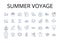 Summer voyage line icons collection. Beach excursion, Winter retreat, Mountain expedition, Tropical escape, City