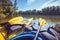 A summer walk along the river on kayaks on a sunny day.