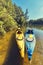 A summer walk along the river on kayaks on a sunny day.