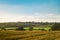 Summer warm view for local farmlands in Oxfordshire, harvest time farm fields landscape with trees and cows in far