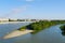 summer water landscape, Irtysh river with sandy bar, Omsk, Russia