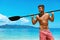 Summer Water Sport. Man With Canoe Kayak Paddle On Beach