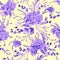 Summer watercolor seamless pattern with bright hydrangeas in purple color on a yellow background