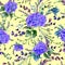 Summer watercolor seamless pattern with bright purple hydrangeas on a yellow background