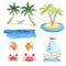 Summer watercolor vector set with palm trees , fish , crab and blue textured stripe