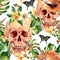 Summer watercolor vector skull, tropical leaves, flowers