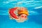 Summer watermelon. Child boy swim under water in sea. Kid swimming in pool underwater. Happy boy swims in sea underwater