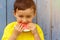 Summer watermelon child kid little boy eating copyspace copy spa