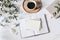 Summer wedding stationery scene. Open diary and blank greeting card mockups. Cup of coffee wooden plate, book, ribbon