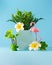 Summer weekend party concept. Flamingo, palms and tropical flower on blue background