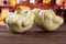 Summer white pattypan squash with rustic kitchen