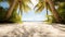 Summer white sand beach background. Framed copy space with palm trees and beautiful sea ocean landscape. Summertime holidays