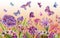 Summer wide banner. Vivid iberis flowers and colorful butterflies on orange background. Seamless panoramic floral pattern.