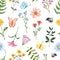Summer wildflowers seamless pattern on whitebackground. Watercolor hand painted floral print