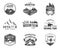 Summer and winter mountain explorer camp badge, logo label templates set. Travel, hiking, climbing style. Snowboard, ski