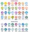 Summer and winter sports icons. Vector isolated pictograms on bright colorful round backgrounds with the names of sports disciplin