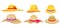 Summer women s hat set. Set of beach women s straw wide-brimmed hats of different colors with ribbons, cartoon vector