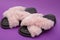 Summer women`s sandals with pink down fluff