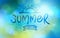 Summer word drawn on a window over blurred background, vector realistic illustration.