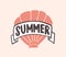 Summer word written with modern funky font on ribbon and decorated by seashell. Creative composition with lettering and